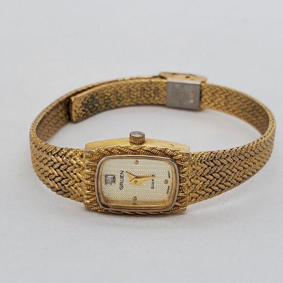 Gruen Women\'s Watch 15MM Gold Dial Gold Bracelet Band Up to 7\